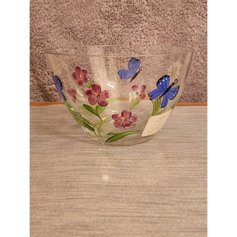 LENOX Hand Painted Butterflies And Blossoms Flowers 5.25" Clear Glass Bowl